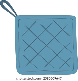 Simple vector illustration of a blue quilted pot holder with hanging loop, isolated on a white background, representing kitchen and cooking concepts