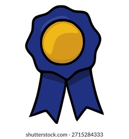 Uma ilustração vetorial simples de um prêmio de fita azul com um centro dourado e duas fitas penduradas, isoladas em um fundo branco.