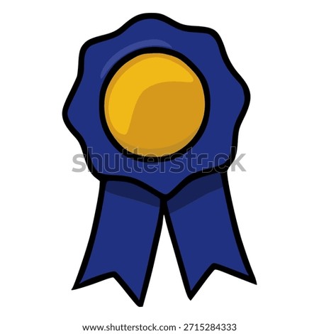 A simple vector illustration of a blue ribbon award with a golden center and two dangling ribbons, isolated on a white background.