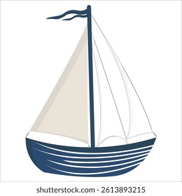 Simple vector illustration of a blue-and-white sailboat with sails up, on a white background. Nautical design.