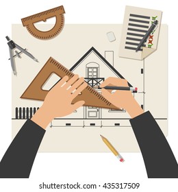 Simple vector illustration of blueprints with professional drawing equipment. Architect at work.