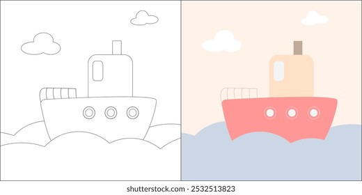 Eine einfache Vektorgrafik eines Bootes, das auf den Wellen segelt. Malbuch für Kinder, minimalistische Zeichnung, spielerisches Konzept. Eine Illustration oder ein Design-Element für Kinder, die bzw. das mit dem Thema Meer in Zusammenhang steht.