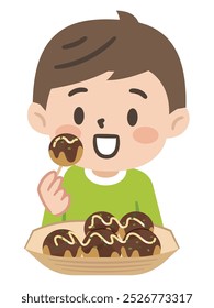 Simple Ilustración vectorial de un niño comiendo takoyaki