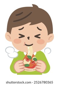 Simples ilustração vetorial de um menino comendo pizza