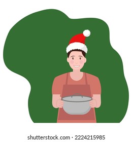 simple vector illustration boy with pot and Christmas hat 