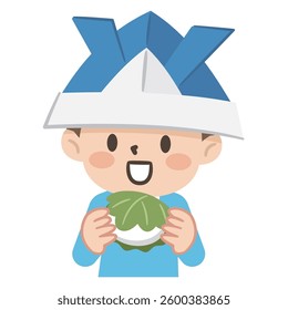 A simple vector illustration of a boy wearing an origami helmet and eating the Japanese sweet Kashiwamochi