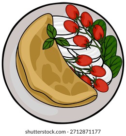 A simple vector illustration of a breakfast dish featuring a folded crepe or omelet alongside fresh cherry tomatoes on the vine and green basil leaves, presented on a light gray plate with a dark o...