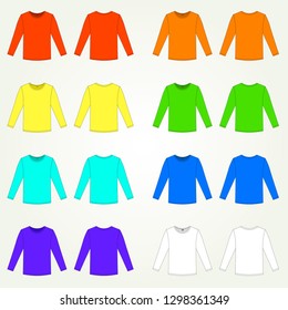 Simple vector illustration. Bright rainbow long sleeve mens shirts in front and back views.