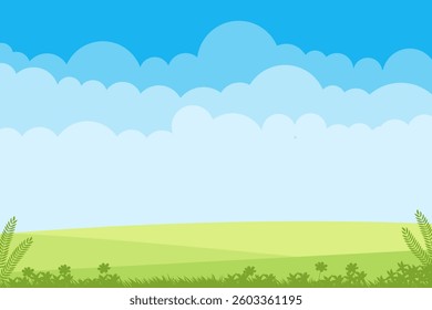 simple vector illustration of a bright sky, fluffy clouds, and green hills, perfect for backgrounds.