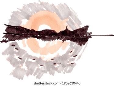Simple vector illustration brown and pink sketch by marker. Lake, bay landscape - sunset over the water. Nature, tourism, travel and romantic vista on white background. Scandinavian style for graphic 