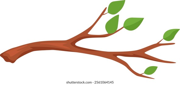 Simple vector illustration of a brown tree branch with green leaves growing, isolated on a white background, perfect for educational or nature themed projects