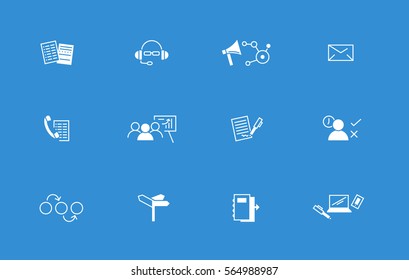 Simple vector illustration of business and marketing icons. White on blue background. Art of documents, files, help desk, message, laptop, contact list and group of people on meeting with presentation