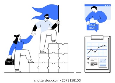 Simple vector illustration of a business person helping another climb puzzle steps with a flag. Another part shows a cash back reward and a graph on a clipboard. Ideal for teamwork, financial goals