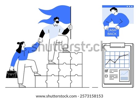Simple vector illustration of a business person helping another climb puzzle steps with a flag. Another part shows a cash back reward and a graph on a clipboard. Ideal for teamwork, financial goals