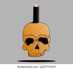simple vector illustration of a candle with a flame burning underneath is a skull head with a soft background