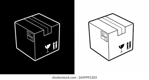 Um vetor simples ilustração de uma caixa de transporte de papelão com frágil e manipular com sinais de cuidado. Apresentado em duas versões: fundo preto com linhas brancas e fundo branco com linhas pretas.