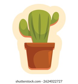 Simple vector illustration of a cartoon cactus growing in a terracotta pot, isolated sticker on a white background