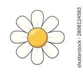 A simple vector illustration of a cartoon daisy flower with white petals and a bright yellow center isolated on a plain white background.