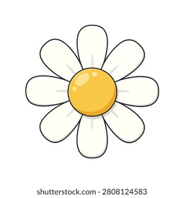 A simple vector illustration of a cartoon daisy flower with white petals and a bright yellow center isolated on a plain white background.