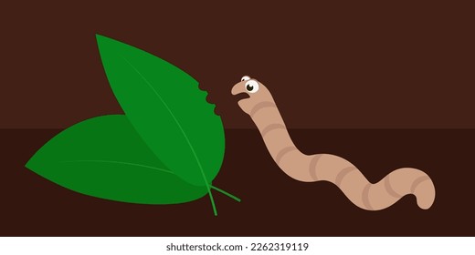 simple vector illustration cartoon funny worm with leaf