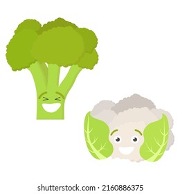 simple vector illustration cartoon green broccoli and couve-flor on white