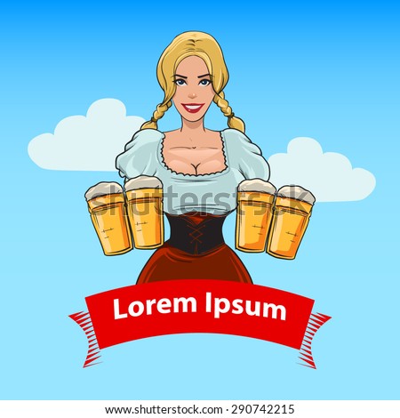 simple vector illustration, cartoon pretty girl with beer in color