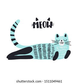 Simple vector illustration of a cat in scandinavian style. Vector illustration of animals. Vector card with a cat.