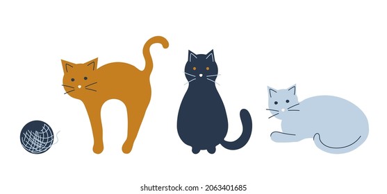 Simple vector illustration. Cats in various poses, different colors, a ball of thread. Lovely pets.