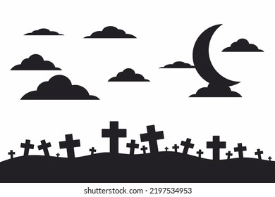 Una simple ilustración vectorial de un cementerio con cruces, luna y nubes en el cielo, aislado en un fondo blanco. Imagen monocroma para Halloween.