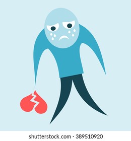 Simple vector illustration of character - Sad man cries and holds broken heart in hand after breakup 