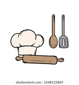 A simple vector illustration of a chef's hat, rolling pin and kitchen spatulas. Hand drawn image of kitchen utensils, cafe, restaurant, cooking. Set of elements and icons for design and decoration