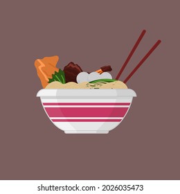 ilustración vectorial simple de fideos de pollo con bolas de carne vista frontal