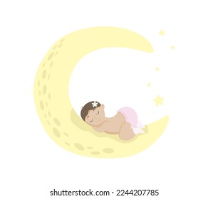 A simple vector illustration of a child. Cute baby on the moon.Child on a white background.
