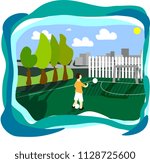 
simple vector illustration of a child outdoors. playing football outdoors. football stadium in town boy footballer in training