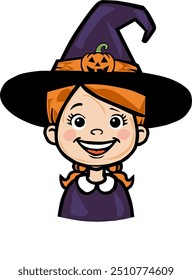 Simple vector illustration of a child in a witch costume celebrating Halloween. Perfect for festive designs and holiday-themed projects.