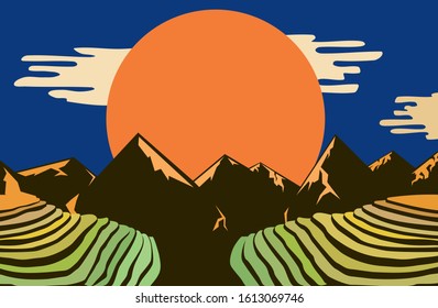 Simple vector illustration with Chinese rice fields located on terraces in the highlands. Panorama with the landscape.