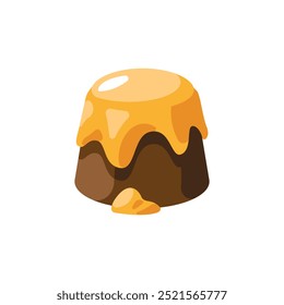 Um vetor simples ilustração de uma sobremesa de chocolate coberto com um esmalte de caramelo dourado. O caramelo suave e brilhante goteja sobre a base de chocolate escuro, com um pequeno dollop na lateral. Isolado em um wh