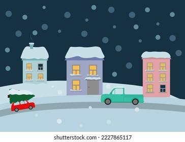 simple vector illustration Christmas house and car with tree