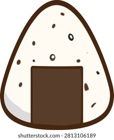 A simple vector illustration of a classic Japanese triangular rice snack. It features a dark seaweed wrap and small specks on the rice, suggesting seasoning or ingredients.