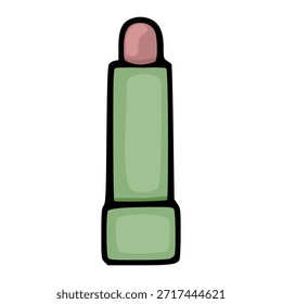 Ilustração vetorial simples de um tubo de batom fechado em um invólucro verde macio com uma ponta rosa silenciosa, apresentado contra um fundo branco limpo.