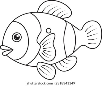 Simple ilustración vectorial de una página de coloración de peces payasos para niños. Peces payasos aislados sobre fondo blanco. Las líneas son negritas y uniformes en espesor. Arte vectorial muy minimalista. 