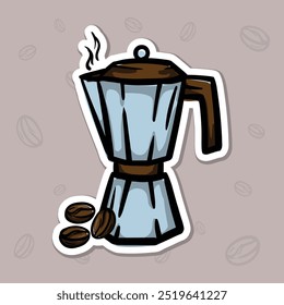 Simple vector illustration of a coffee pot and coffee beans. Hand drawn illustration for sticker, emblem, label, price tag. Colored casual icon for the design of a cafe, restaurant