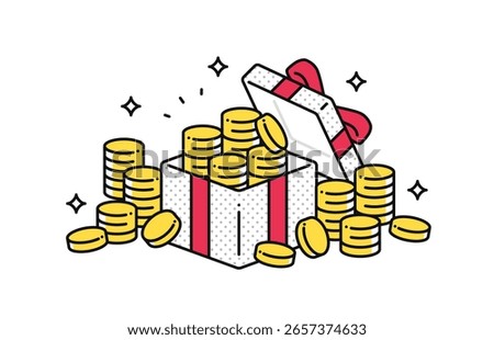 A simple vector illustration of a lot of coins overflowing from a gift box