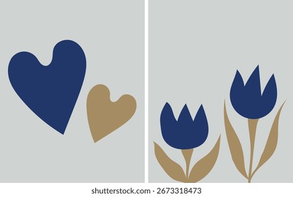 Simple vector illustration collection: abstract blue flowers and hearts in earthy tones