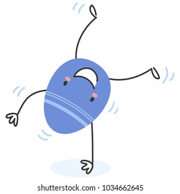Simple vector illustration of a colorful flat design easter egg, cartoon character doing a handstand isolated on white background
