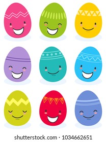 Simple vector illustration of colorful flat design easter eggs, cartoon characters with funny faces isolated on white background