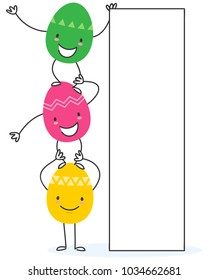 Simple vector illustration of colorful flat design easter egg cartoon characters holding blank billboard standing on top of each other isolated on white background