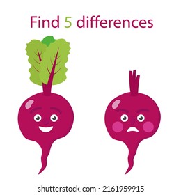 Simple vector illustration coloring book beet with face. Find 5 differences.