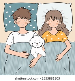 Simple vector illustration. Comfortable night, girl and boy in bed sleeping sweetly, maltipoo dog sleeping at their feet, top view