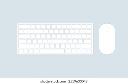 A simple vector illustration of a computer keyboard and mouse from a top-down view. The minimal design uses clean lines, perfect for tech, office, or web design projects with a modern, sleek style.